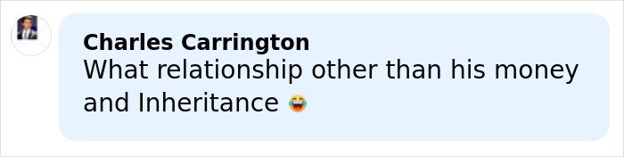 Comment by Charles Carrington questioning relationship motives, mentioning money and inheritance with a laughing emoji.