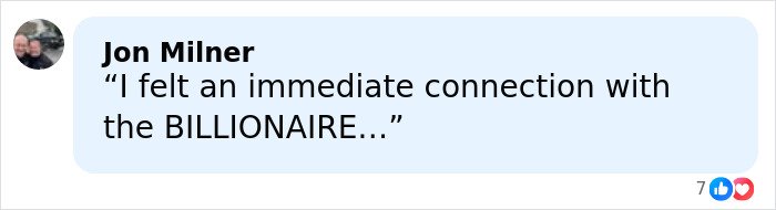 Text message from Jon Milner sharing a quote about feeling an immediate connection with the billionaire.