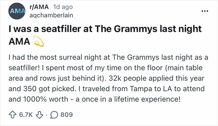 Reddit post discussing Grammy seatfiller experience and the strict rules they face during the Grammy Awards event.