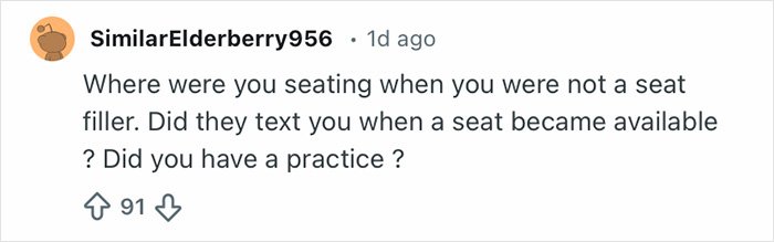 Comment from a Grammy seatfiller discussing seating arrangements and rules faced during the event.