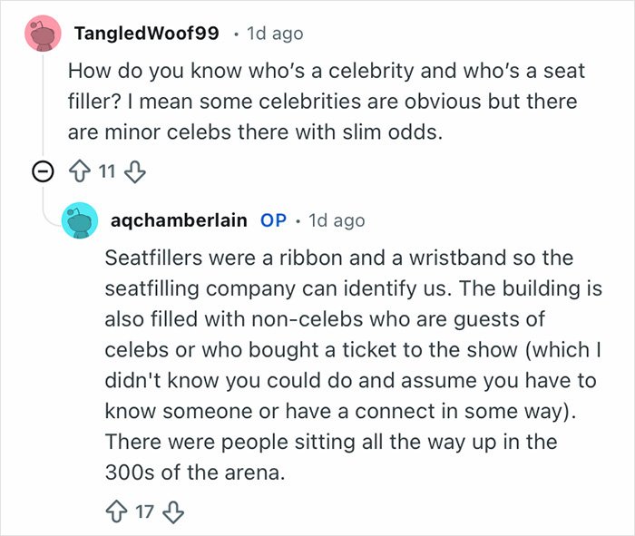 Reddit conversation revealing harsh rules Grammy seatfillers face, including identification methods and seating arrangements.