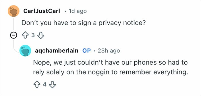 Screenshot of a Reddit conversation about Grammy seatfiller rules, highlighting phone restrictions and memory reliance.