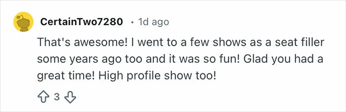 Comment from Reddit user CertainTwo7280 sharing their positive experience attending shows as a Grammy seatfiller.