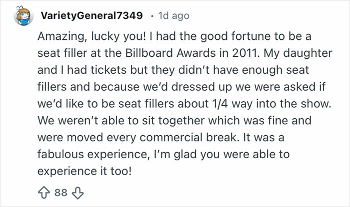 Comment from VarietyGeneral7349 sharing their experience as a Grammy seatfiller revealing harsh event rules.