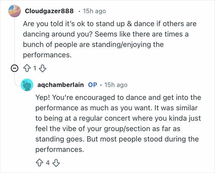 User comments discussing the Grammy seatfiller experience and rules about standing and dancing during performances.