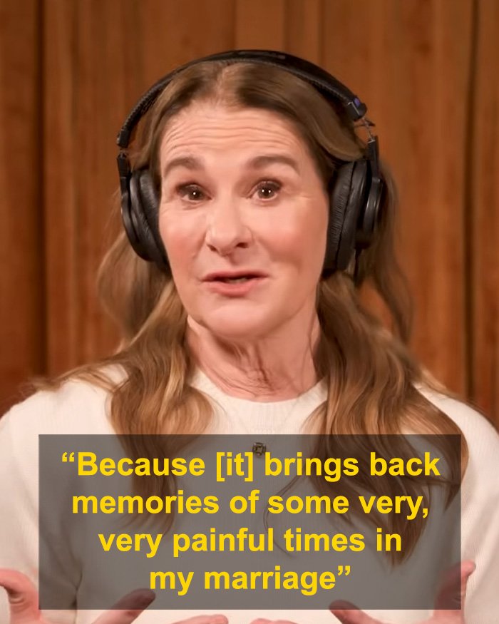 Melinda French Gates wearing headphones, speaking in a video about Epstein files and Bill Gates pill claims.