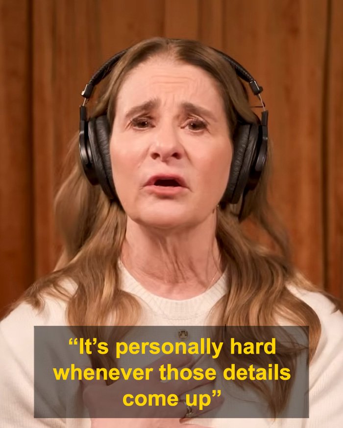 Melinda French Gates wearing headphones, speaking emotionally about Epstein files and Bill Gates pill claims.