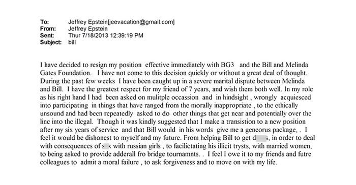 Email screenshot referencing Bill Gates and Jeffrey Epstein involving a resignation and alleged illicit activities.