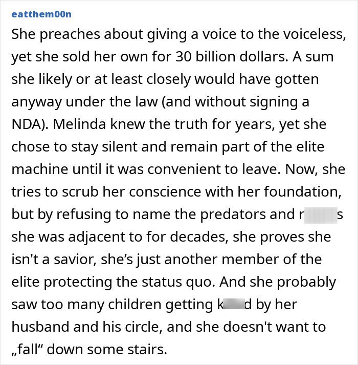 Text post discussing Melinda French Gates and allegations related to Bill Gates amid Epstein files controversy.