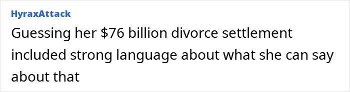 Text message discussing Melinda French Gates's rumored $76 billion divorce settlement and restrictions on her public statements.