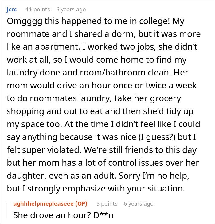 Screenshot of a Reddit comment describing feeling violated when roommate&rsquo;s parents use a spare key to babysit.
