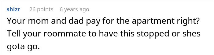 Comment text on a white background discussing roommate&rsquo;s parents using a spare key and acting like babysitters.