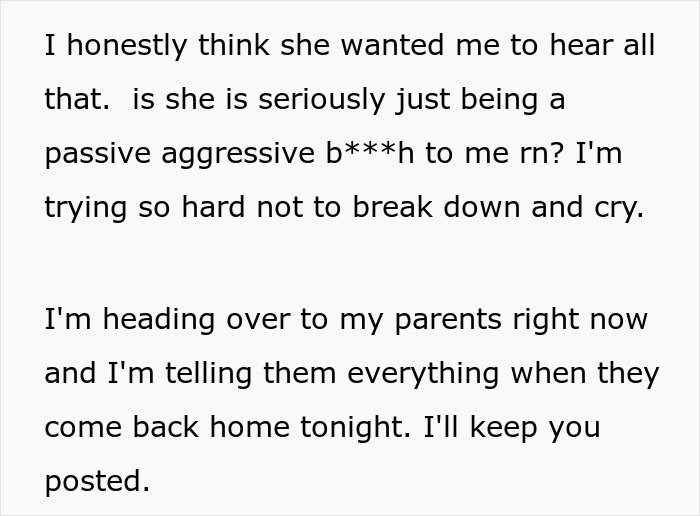 Text message expressing distress over passive-aggressive roommate, planning to tell parents about situation tonight.