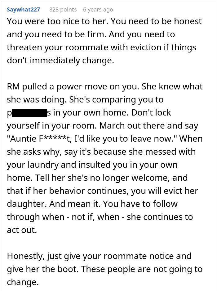 Screenshot of a Reddit comment advising firmness with a roommate whose parents use a spare key and act like babysitters.