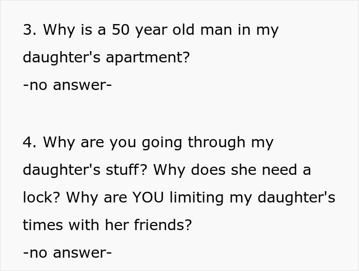 Text showing questions about a 50-year-old man in apartment and concerns about a daughter&rsquo;s privacy being invaded.