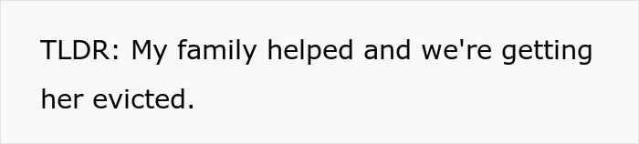 Text image showing a statement about a family helping and a woman facing eviction from her roommate&rsquo;s parents.