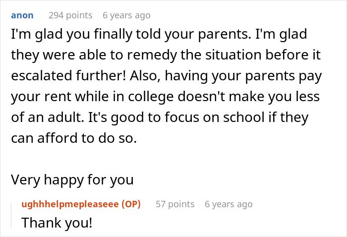 Screenshot of a Reddit comment thread discussing a woman stunned as roommate&rsquo;s parents use spare key and act like babysitters.
