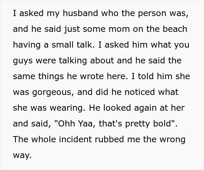 Text of a woman describing a conversation with her husband about a beach mom, reflecting a woman makes husband argument reality check.