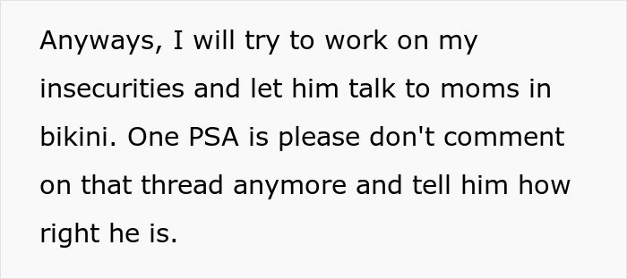 Text excerpt from online argument showing a woman&rsquo;s insecurities and the husband posting to prove she&rsquo;s right.