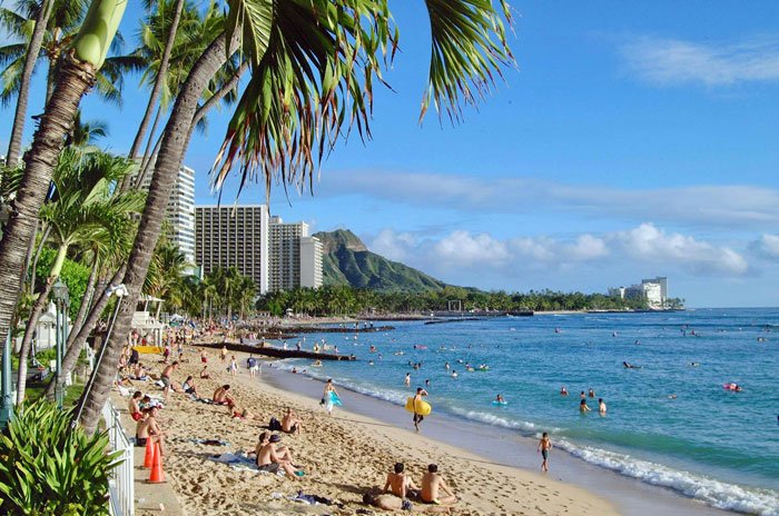 Crowded tropical beach scene with a woman and husband sharing their argument online for a reality check discussion