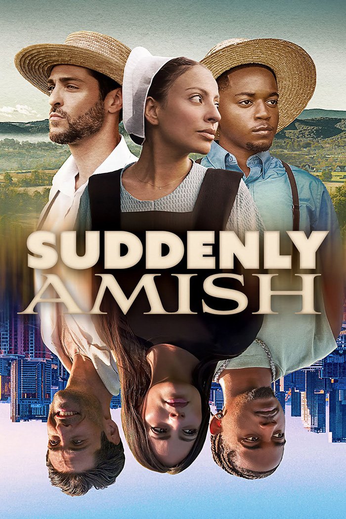 Three people dressed in Amish clothing and three others in modern city attire representing former adult star joining Amish community in Pennsylvania.
