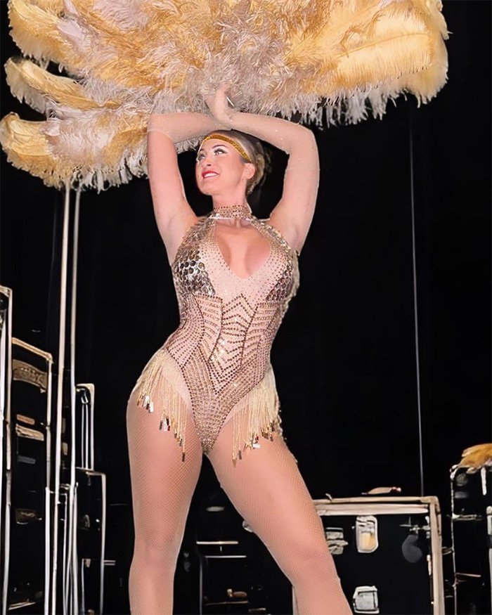 Former adult star in glamorous costume and feather headpiece before joining Amish community in Pennsylvania.