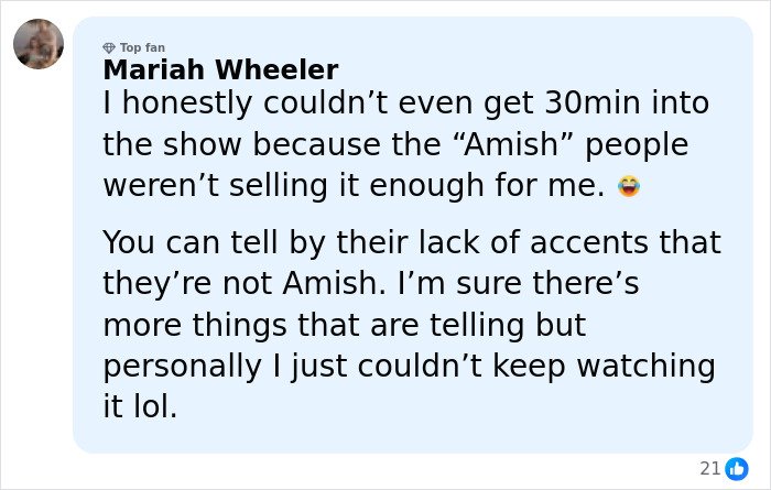 Comment by Mariah Wheeler expressing disappointment in a show about Amish community authenticity and accents.