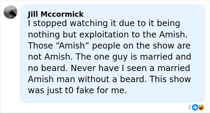 Facebook comment criticizing a show exploiting Amish culture with inaccurate portrayals of Amish community members.