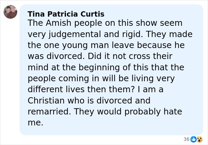 Comment from Tina Patricia Curtis discussing Amish community being judgmental and rigid about divorce and remarriage.