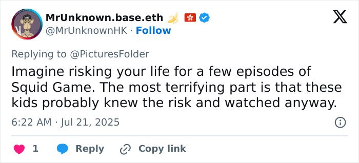 Screenshot of a tweet discussing the risk of North Korea publicly executing citizens caught watching Squid Game.