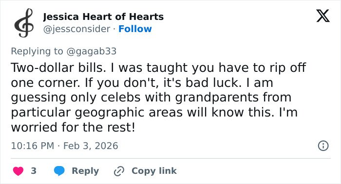 Tweet discussing two-dollar bills, superstition about ripping a corner, and celebrities linked to geographic traditions at the Grammys.