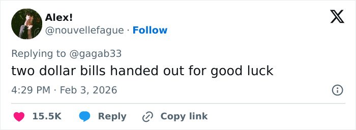 Tweet explaining two dollar bills handed out for good luck amid wild theories of celebrities spotted with $2 bills at the Grammys.