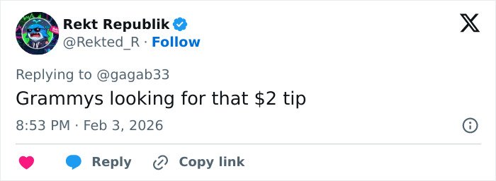 Tweet from Rekt Republik joking about Grammys searching for $2 tips, referencing multiple celebrities spotted with $2 bills.