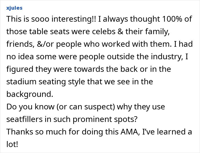 Fan discusses Grammy seat fillers and shares insights on what happens during commercial breaks and off-camera moments.