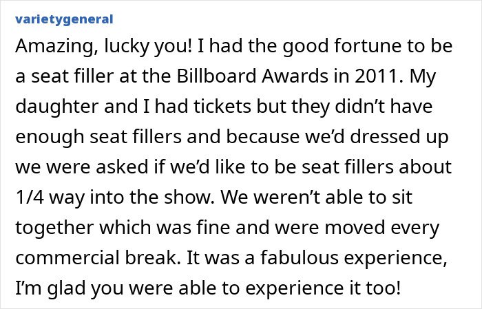 Person sharing their experience as a Grammy seat filler, describing off-camera moments and activity during commercial breaks.