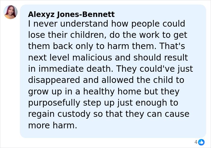 Comment from Alexyz Jones-Bennett expressing anger at young parents causing harm after regaining custody of their child.