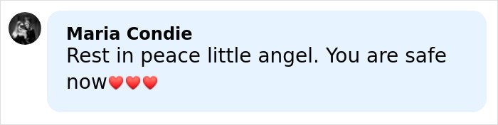 Comment from Maria Condie expressing condolences after baby girl’s tragic passing with heart emojis.