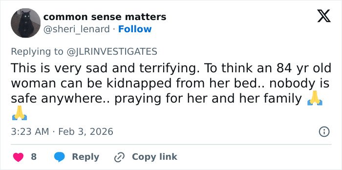 Twitter user expressing concern about an elderly woman kidnapped, mentioning hostage negotiator and helicopter footage above Nancy Guthrie's house.