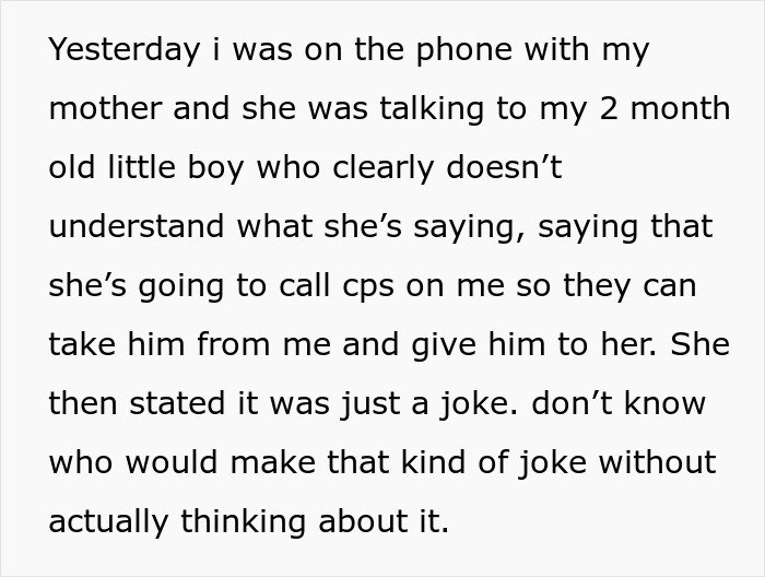 Text excerpt about a mother jokingly threatening to call CPS on her daughter over custody of newborn baby son.