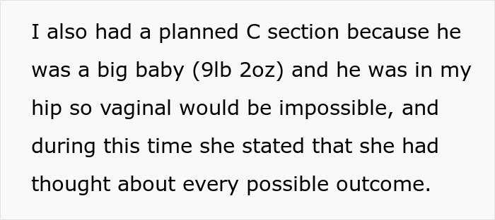 Text excerpt discussing a planned C section due to baby size and mom&rsquo;s joke about calling CPS on woman.