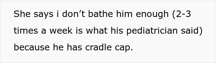 Text about mom's joke causing concern and threat to call CPS over bathing frequency for child with cradle cap.