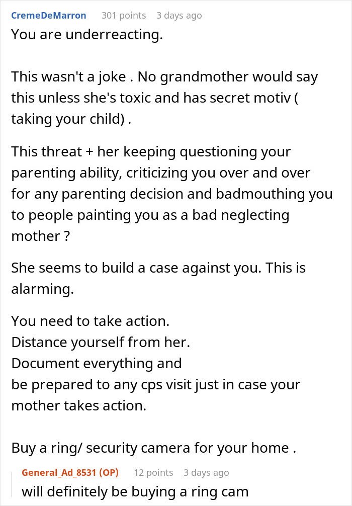Comment advising action against toxic grandmother threatening CPS, discussing parenting criticism and need for documentation and security.
