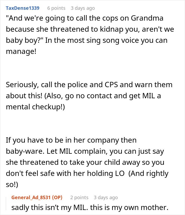 Comment thread discussing a mom's joke about calling CPS causing concern about child safety and family conflict.