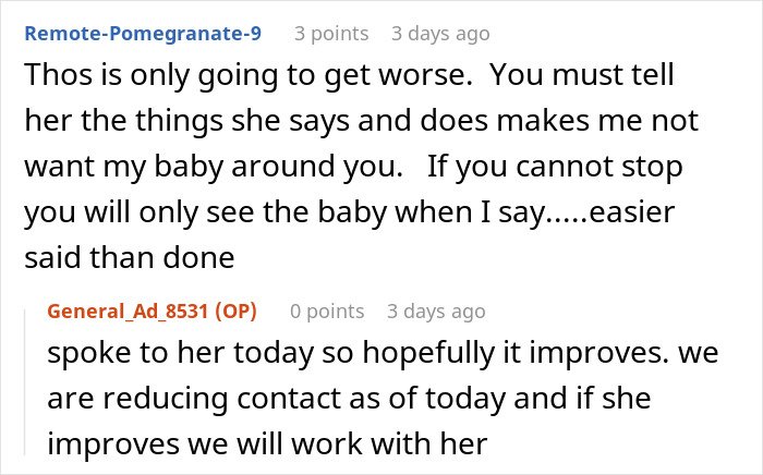 Conversation between two Reddit users discussing reducing contact due to mom's joke about calling CPS on woman.