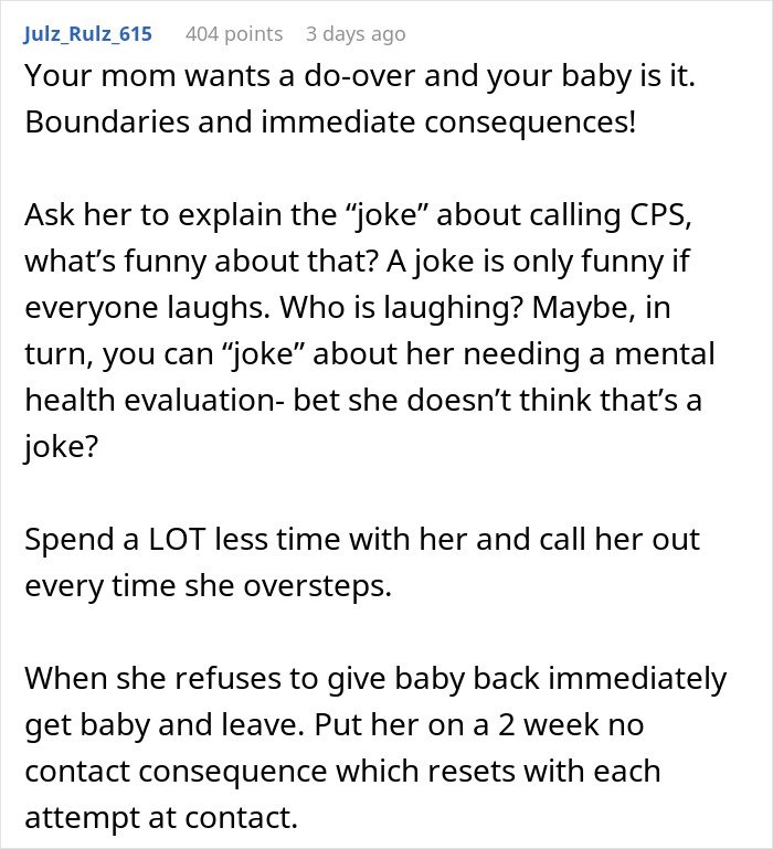 Comment discussing a mom's joke about calling CPS and advice on setting boundaries and consequences with family members.