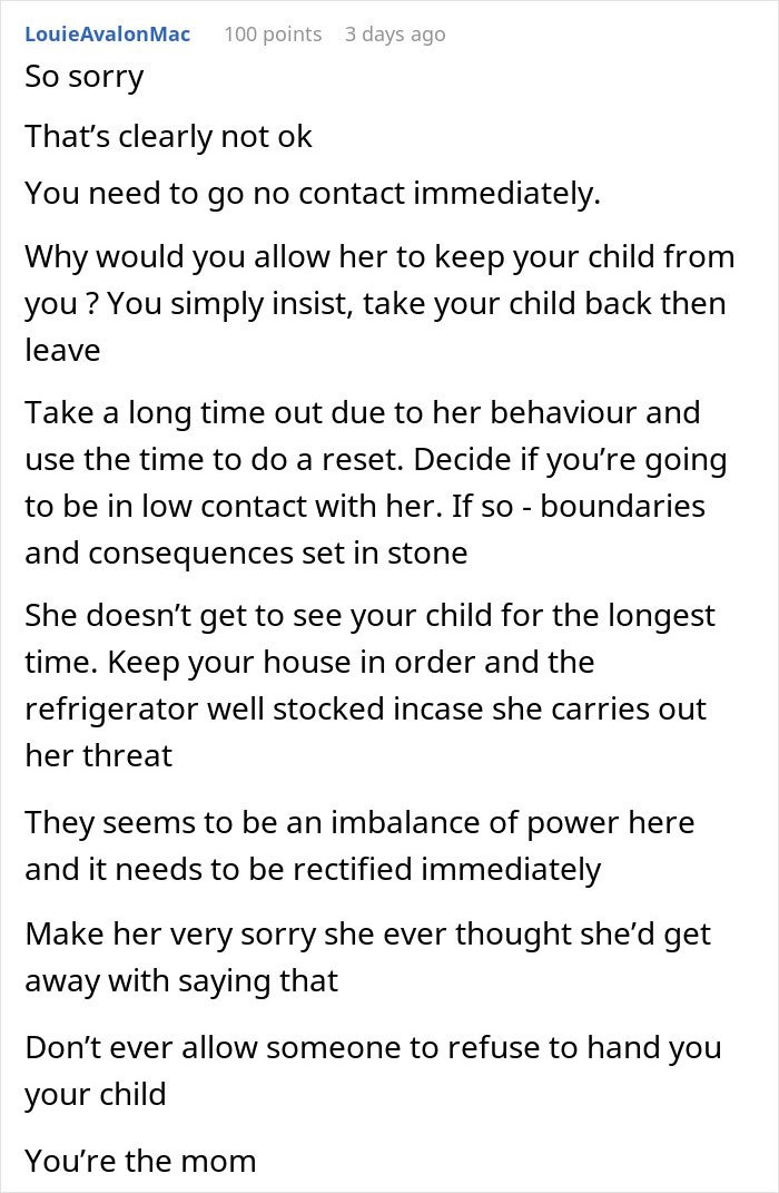 Comment advising a woman to set boundaries and go no contact after a mom's joke about calling CPS causes conflict.