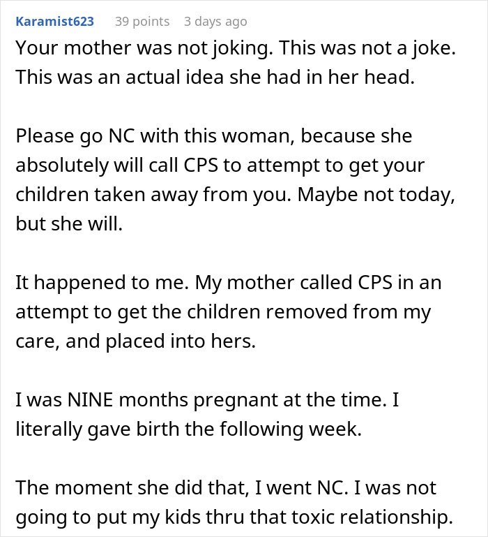 Comment warning about mother&rsquo;s joke and threat to call CPS, describing toxic family dynamics and child protection concerns.
