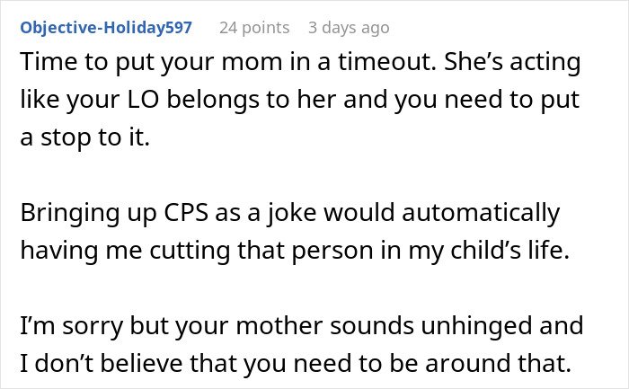 Comment discussing mom&rsquo;s joke about CPS causing tension and concerns in a woman&rsquo;s family relationship.