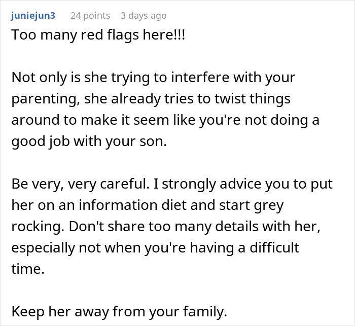 Comment warning about red flags in parenting interference and cautioning on sharing details to avoid CPS concerns.
