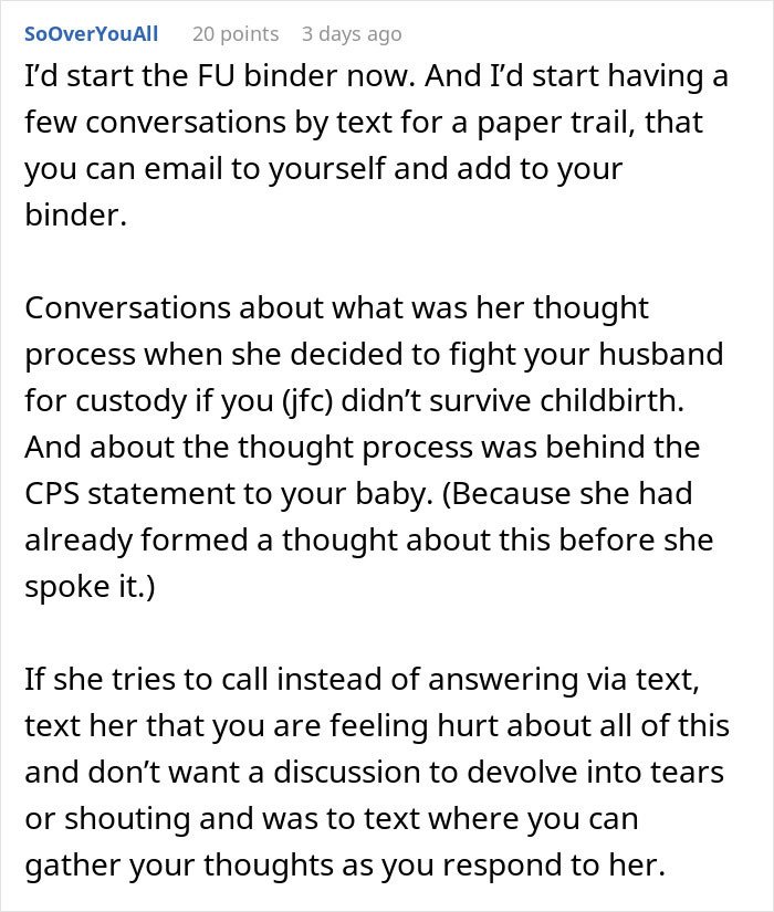 Comment advising to start a FU binder and keep text conversations as paper trail over mom&rsquo;s CPS threat concerns.